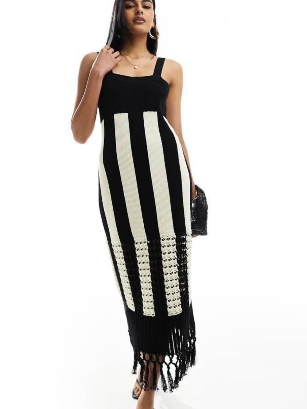 & Other Stories Black and Cream Crochet Stripe Maxi Dress with Fringe